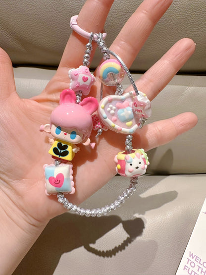 Pink Bunny Bear Braided Phone Strap Bag Charm Keychain