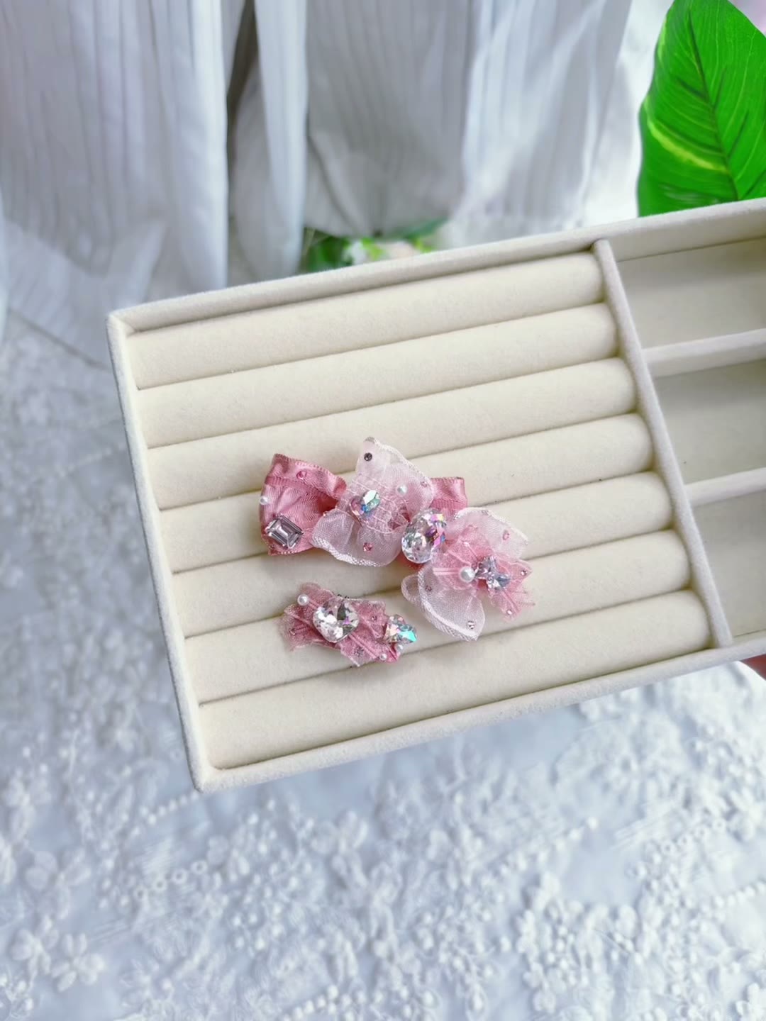 Ganchos de Cabelo com Laço de Cristal Rosa para Animais