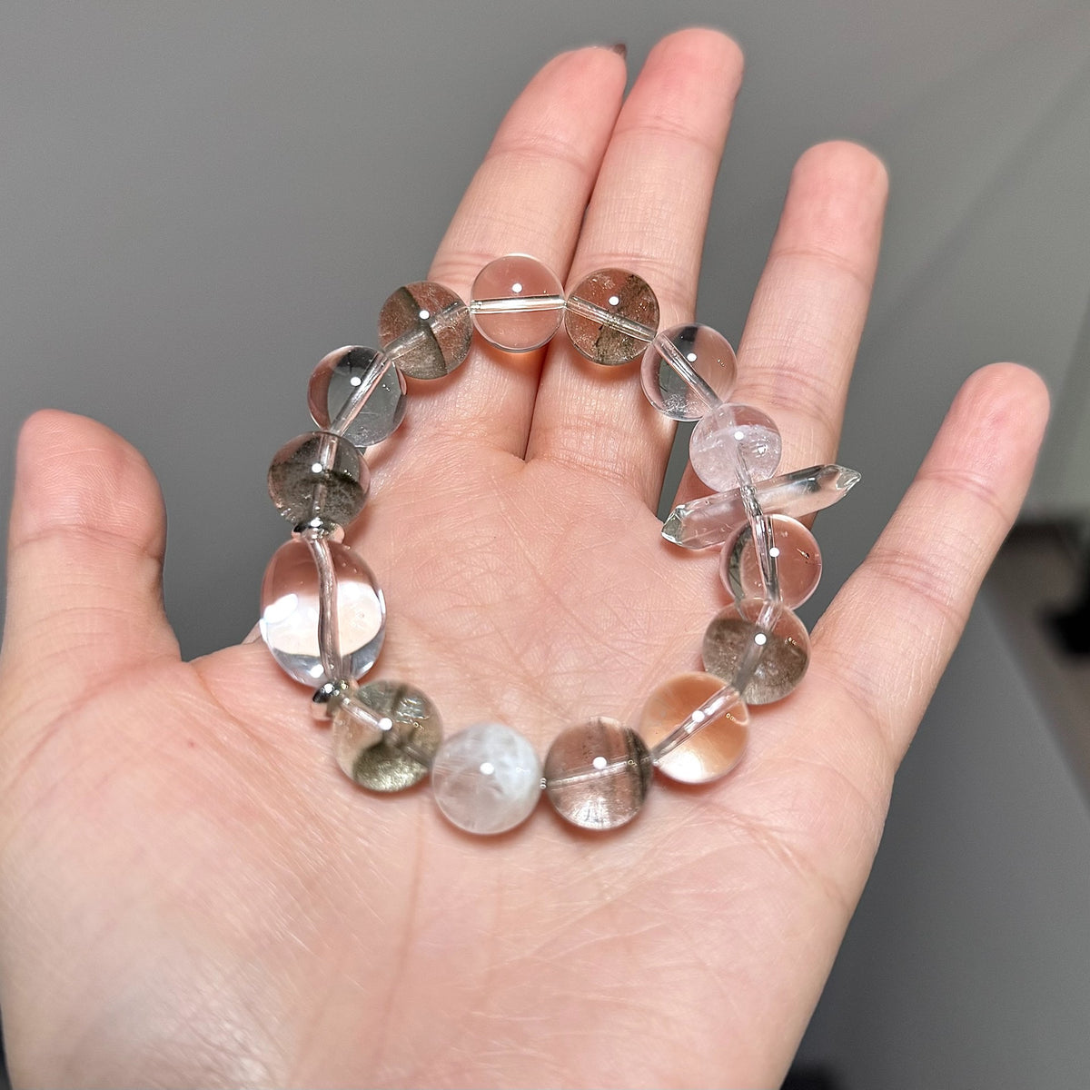 Green Phantom Quartz Beaded Bracelet with Clear Quartz