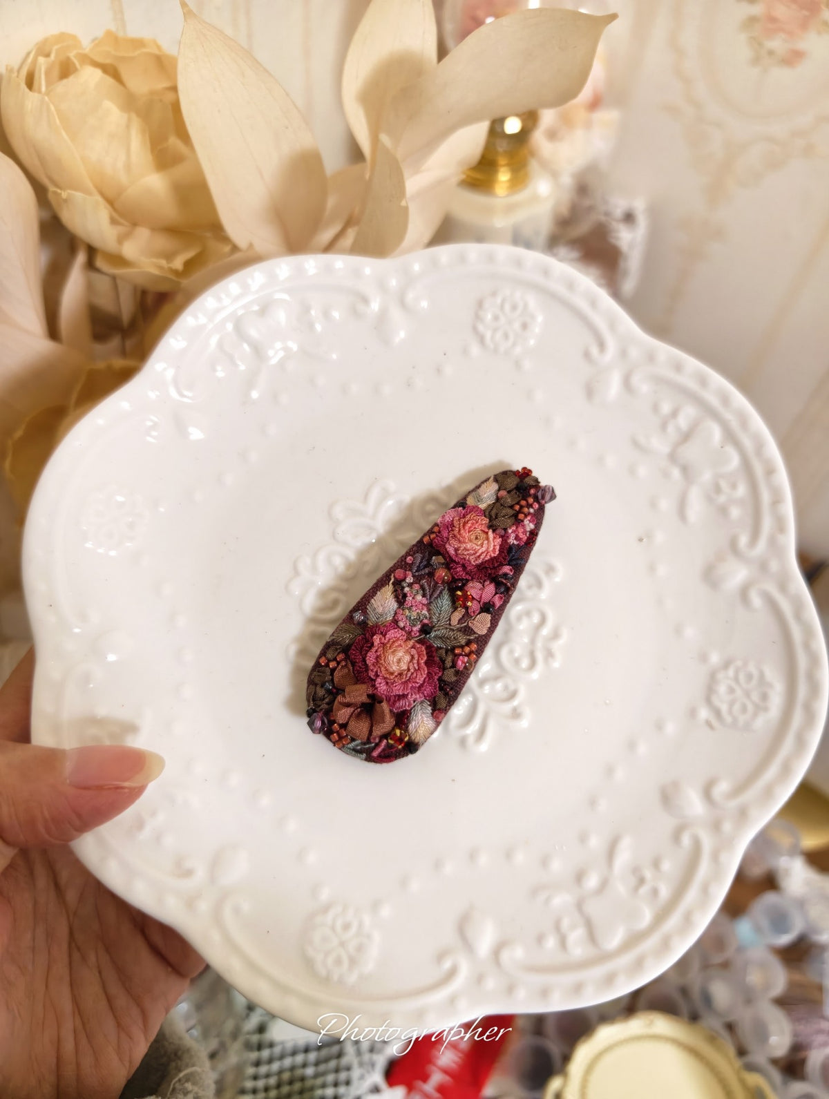 Vintage Rose Embroidery Bobby Clip