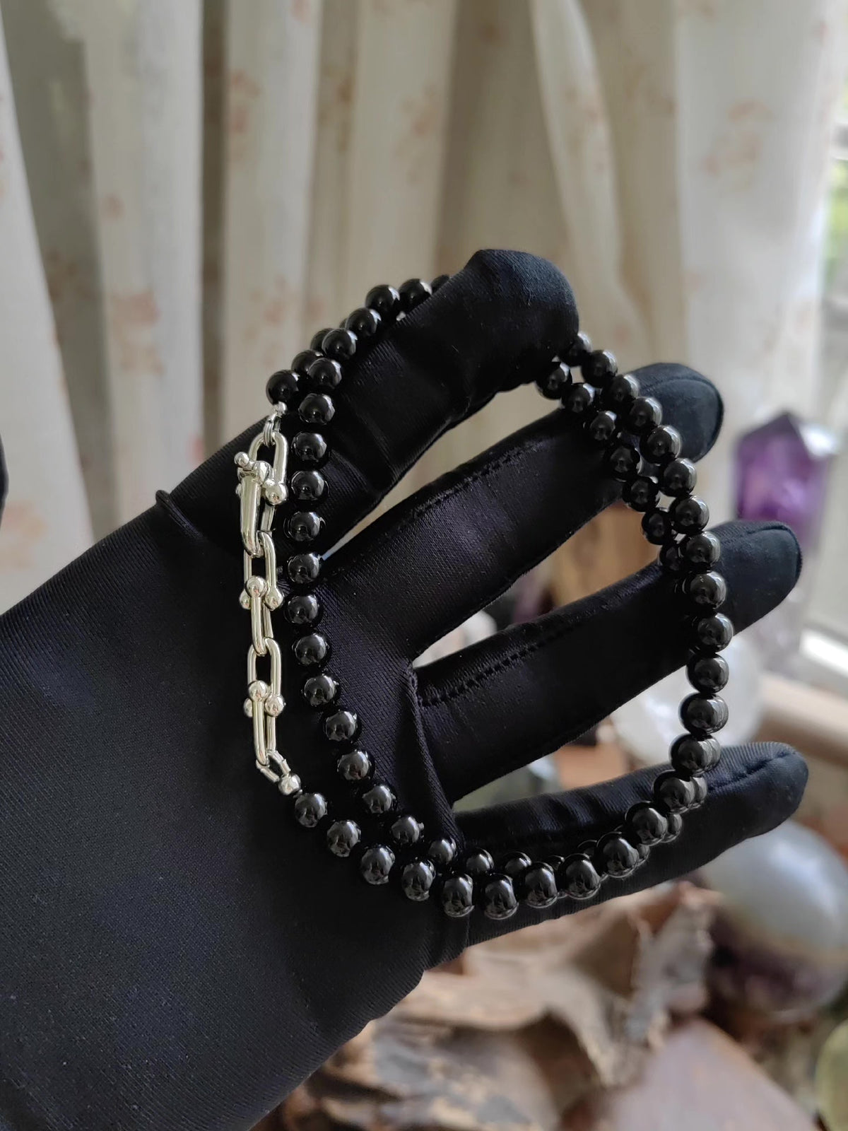 Collana con Perle di Agata Nera e Catena Argentata