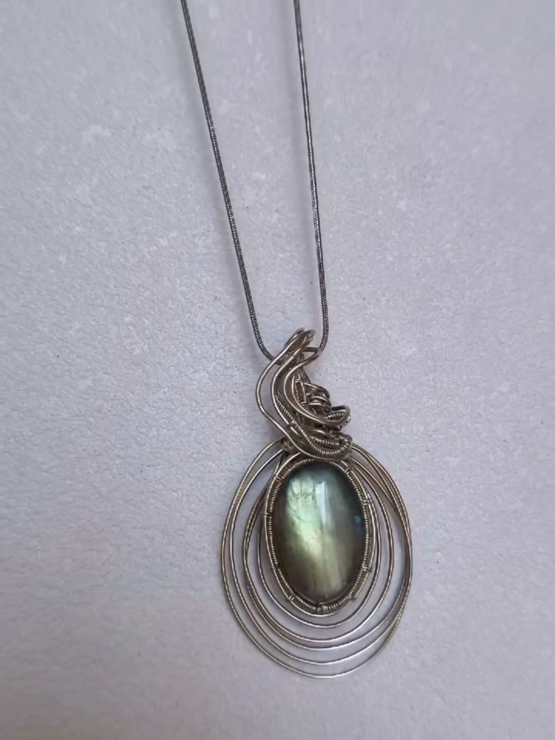 Oval Labradorite Wire Wrapped Pendant Necklace
