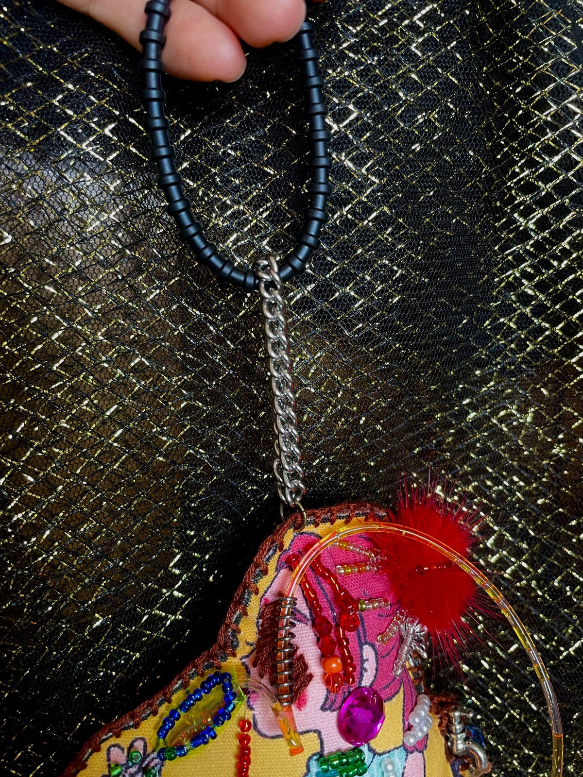 Handcrafted Beaded Bag Charm with Pink Hair Girl