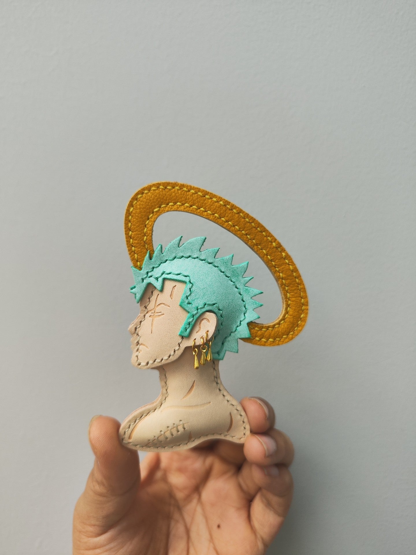Handmade Leather Profile Charm with Teal Hair and Yellow Strap