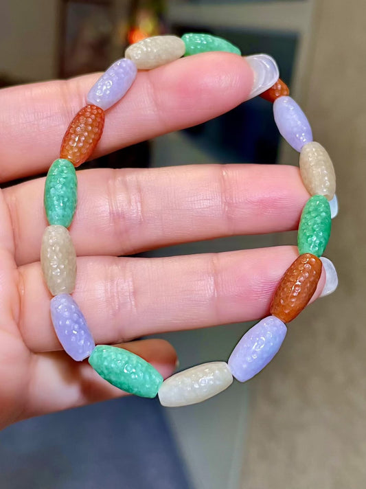Multi-Color Stippled Jade Bead Bracelet, Capsule Beads 13.5x6.5mm, 13g