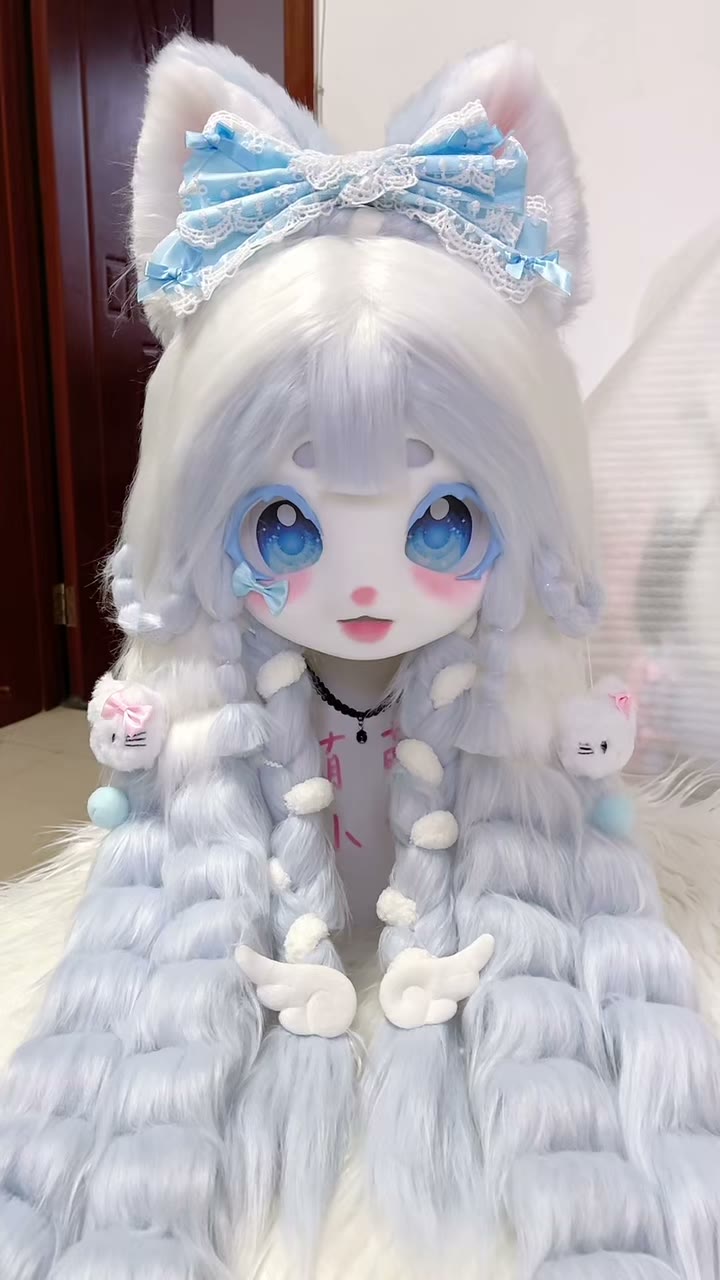 Cabeça de Mascote para Fantasia Branca e Azul Claro