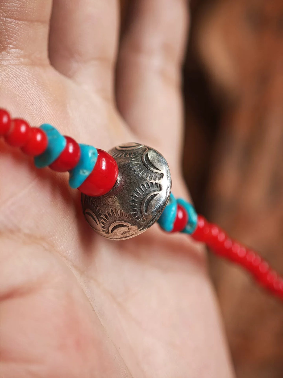 925 Silver Navajo Hand Hammered Turquoise Glass Bead Necklace