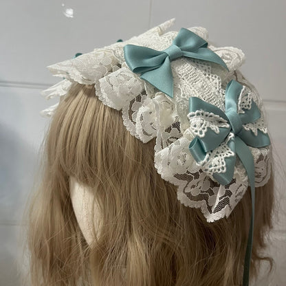 Handmade Lolita Lace Hairband with Bean Green Satin Bows