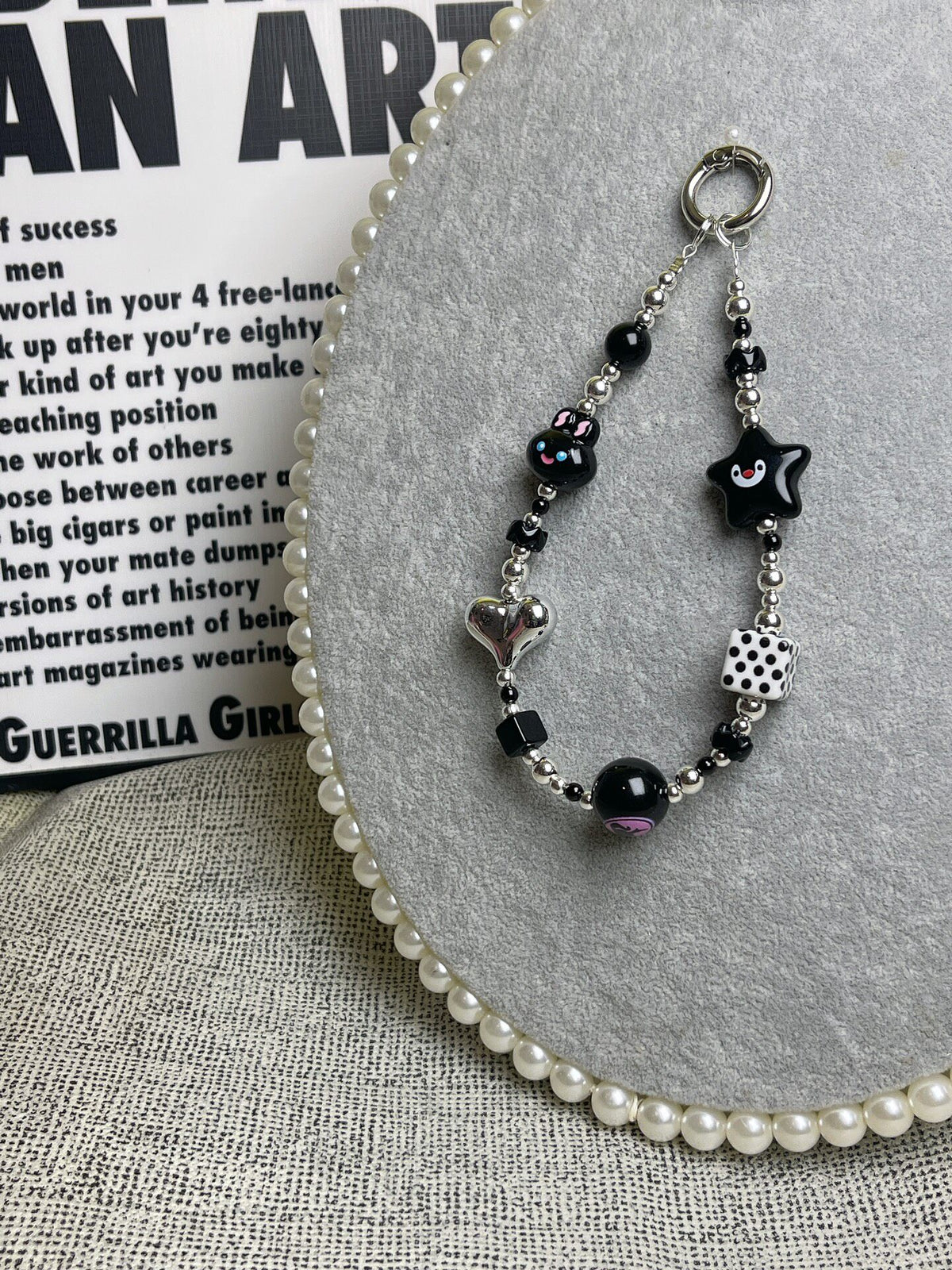 Handmade Black White Beaded Phone Chain