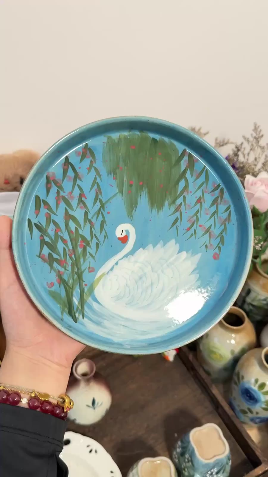 手描き 陶器プレート スワンデザイン
