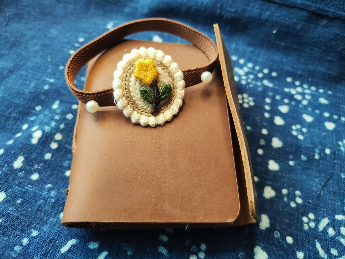 Genuine Leather Journal with Crochet Flower Cover