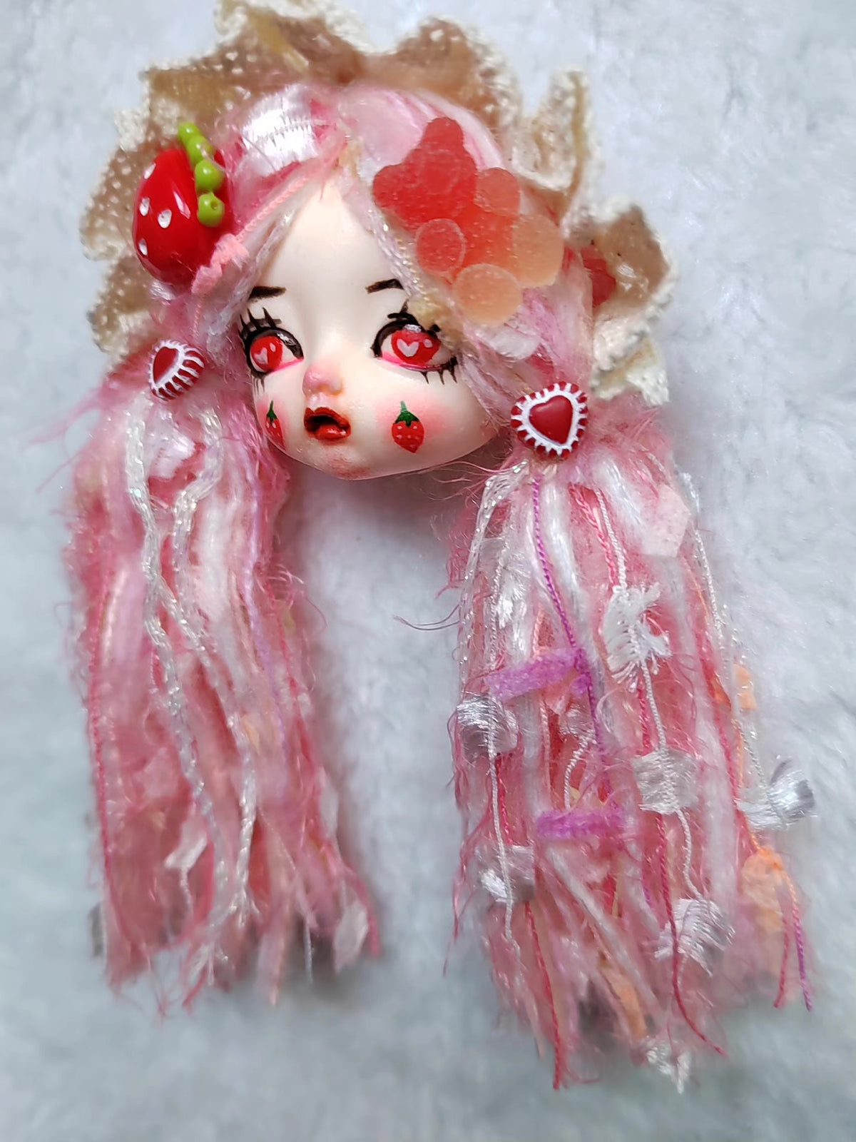Clay Doll Head Strawberry Brooch Bag Charm