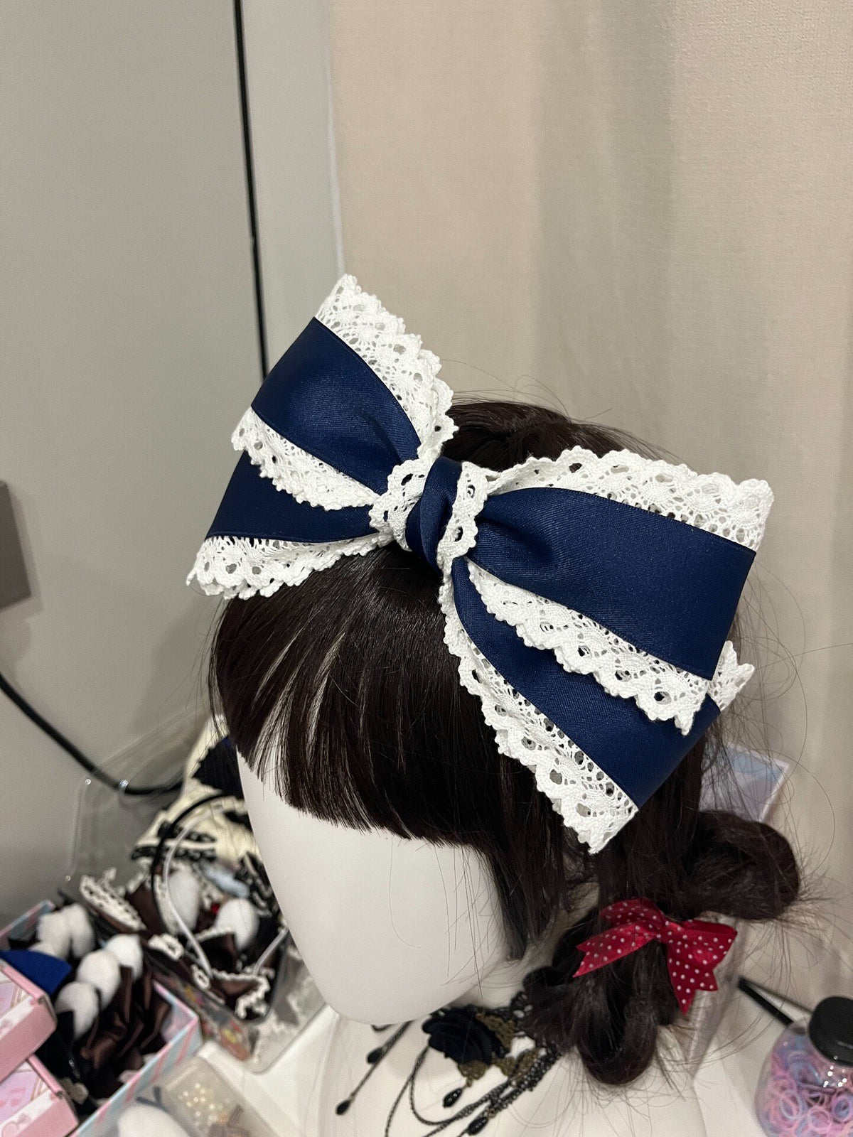 Navy Blue Lace Trim Satin Lolita Bow