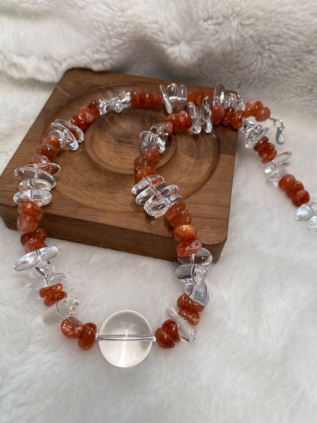 White Crystal Bead Necklace Gold Sun