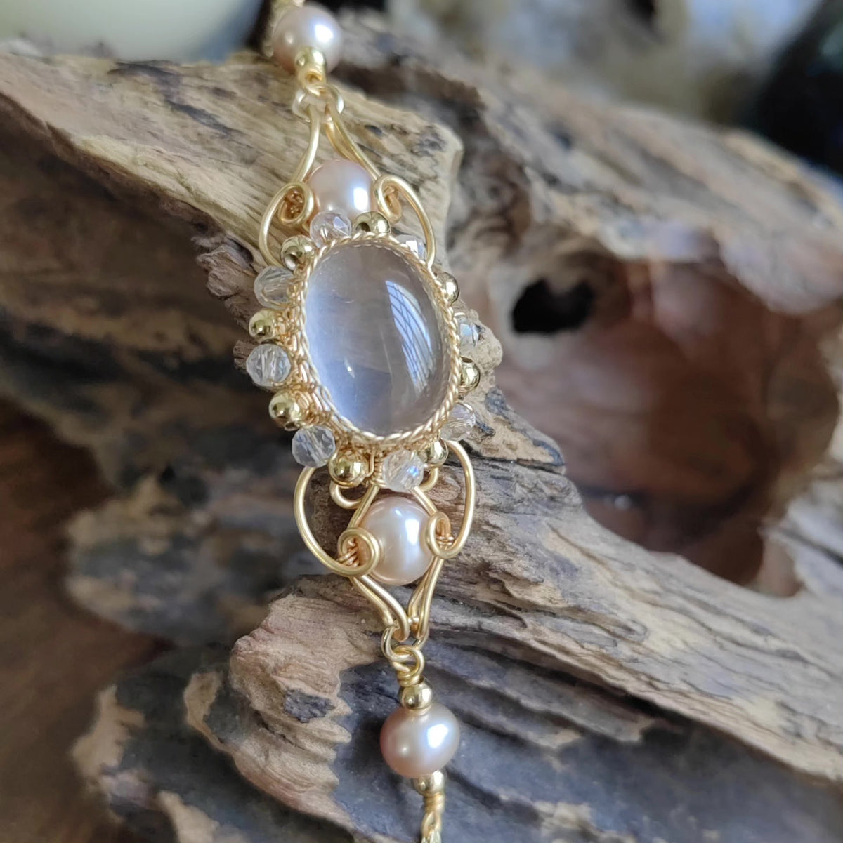 Rose Quartz Wire Wrapped Bracelet with Pearls