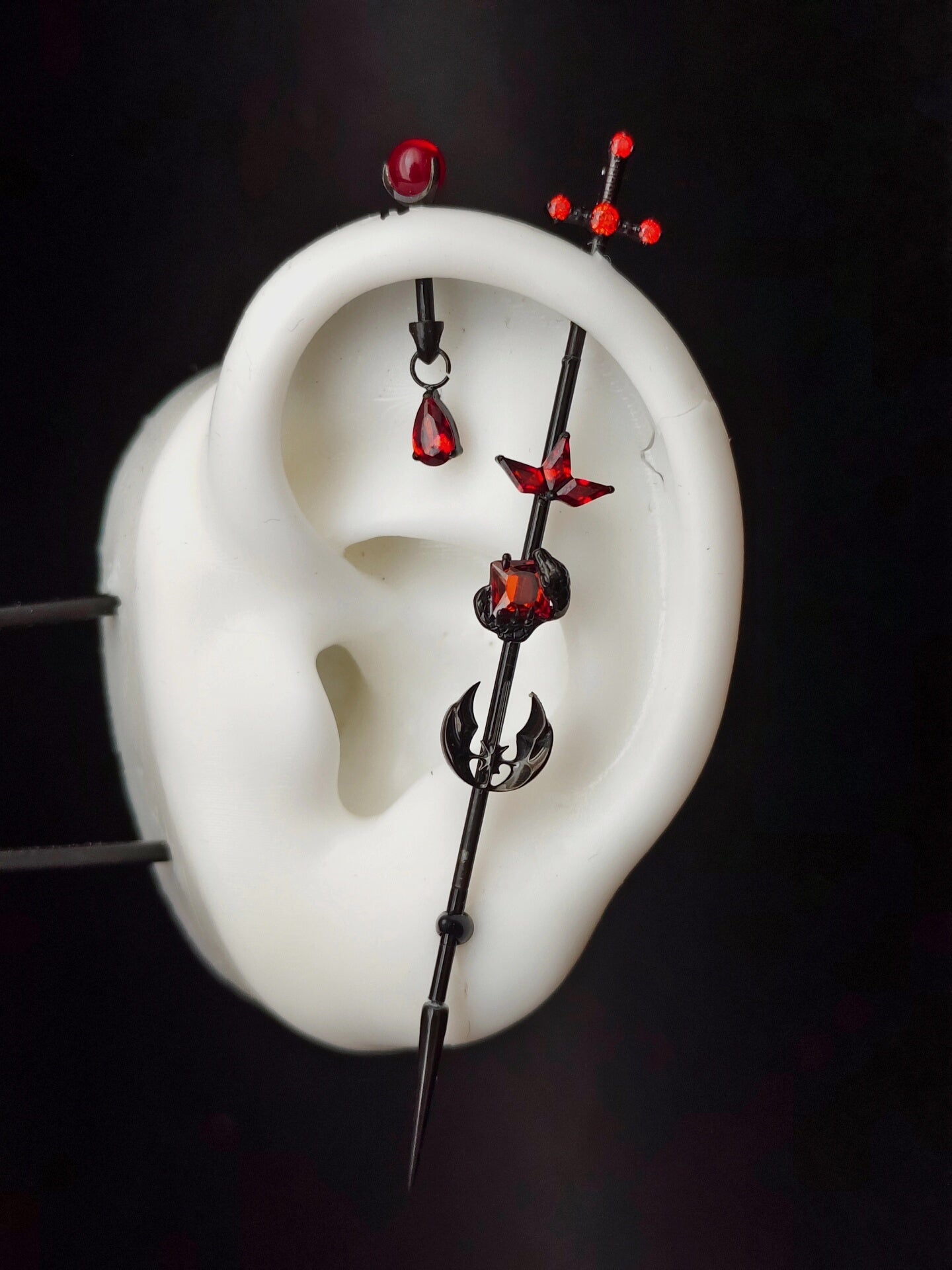 Titanium Alloy Ear Bridge and Earring Set with Cross, Red Zircon, and Spike