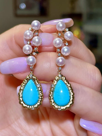 18K Gold Sleeping Beauty Turquoise Drop Earrings with Akoya Pearls and Diamonds