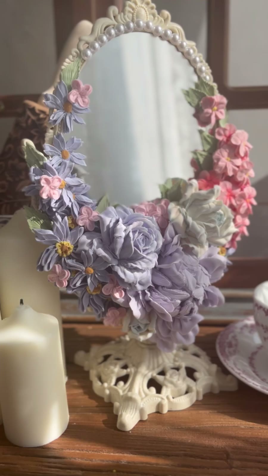 Handcrafted Clay Flower Oval Mirror