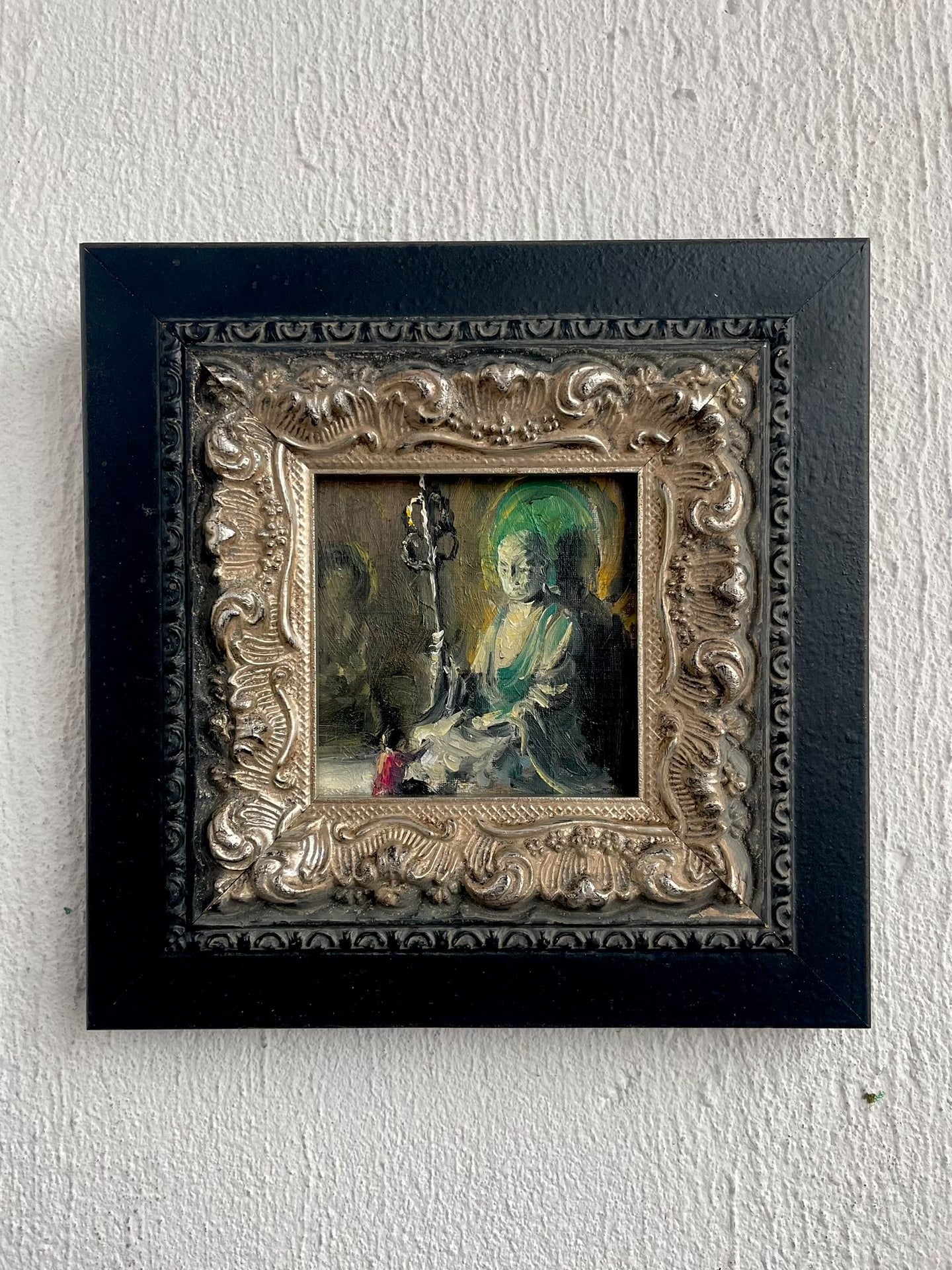 Framed Original Hand-Painted Oil Painting "Asking Earth Store" 10x10cm Canvas with Ornate Silver and Black Frame