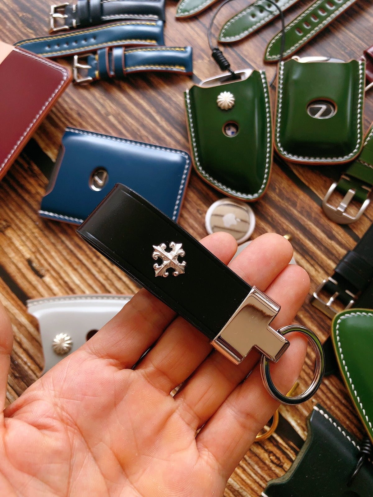 Black Leather Key Fob with Cross Stud