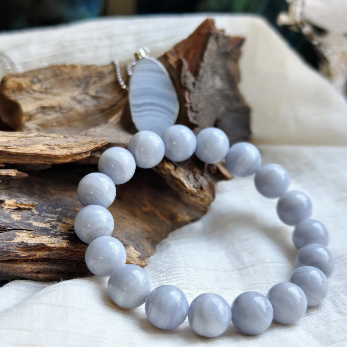 Blue Lace Agate Bracelet and Pendant Set