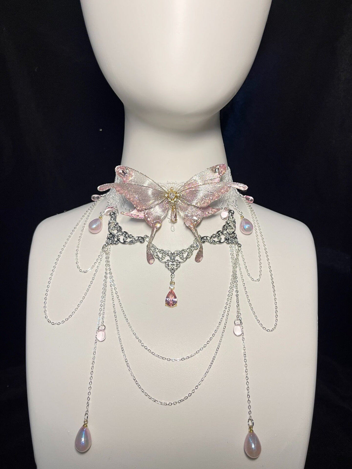 Pink Butterfly Choker Necklace with Lace Band