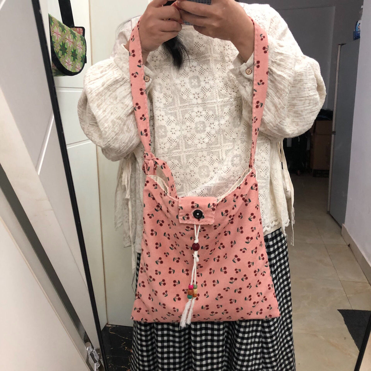 Handmade Corduroy Floral Crossbody Bag Pink
