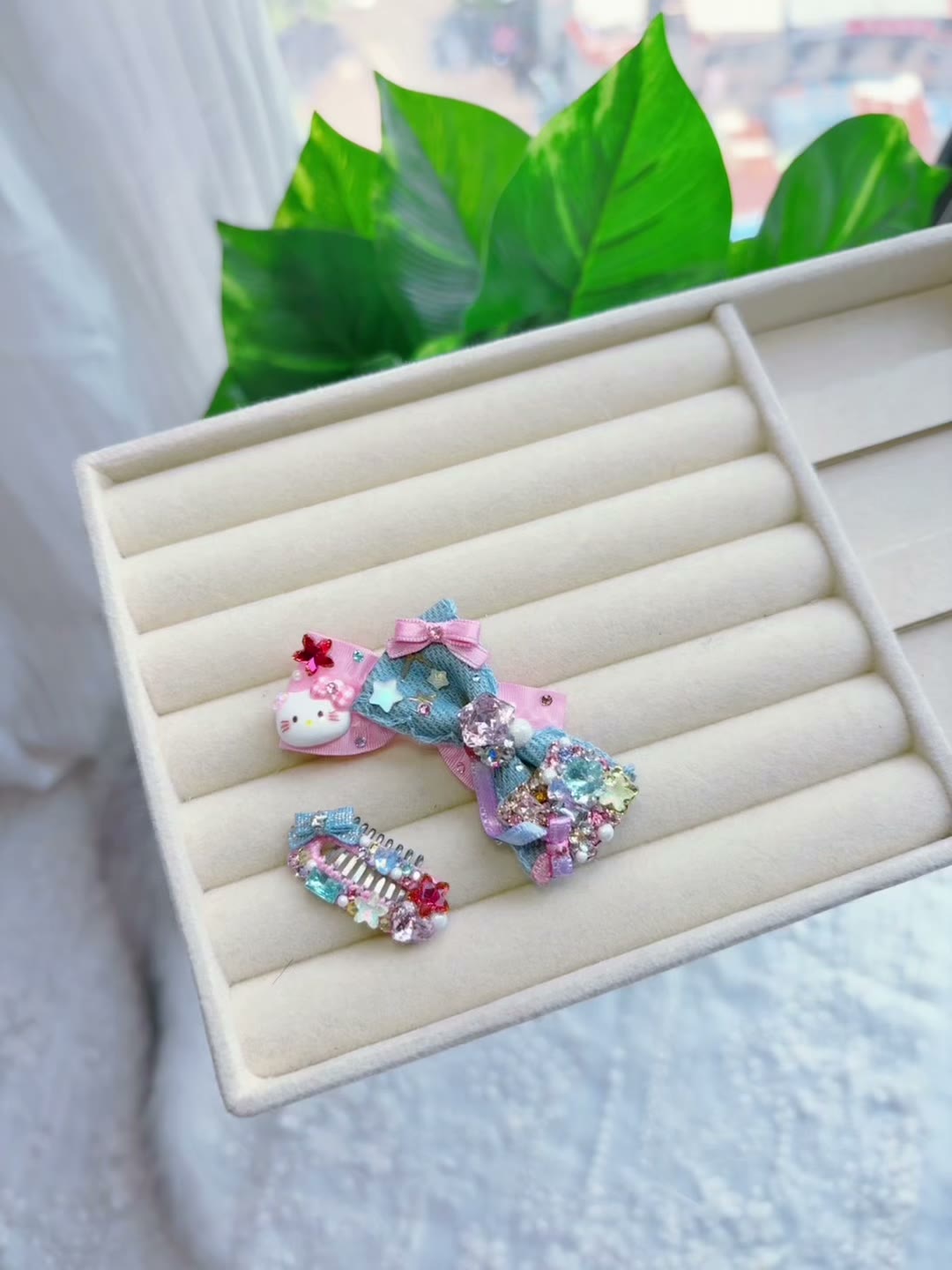 Denim Pet Hair Clips Rhinestone Set