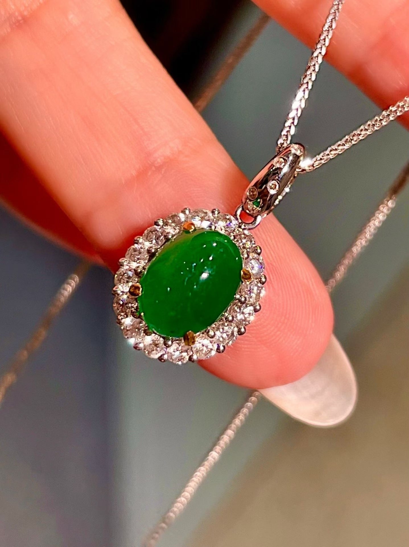 18K White Gold Oval Cabochon Emerald and Diamond Halo Pendant, 2.58ct