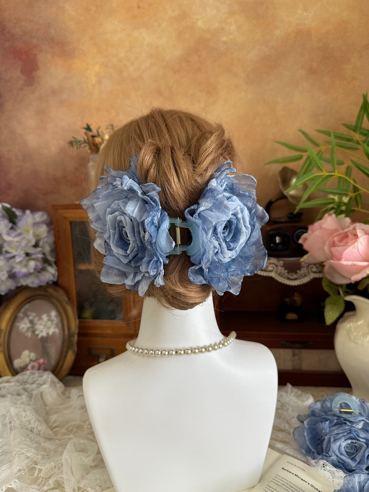 Handcrafted Monet Blue Fabric Rose Hair Claw