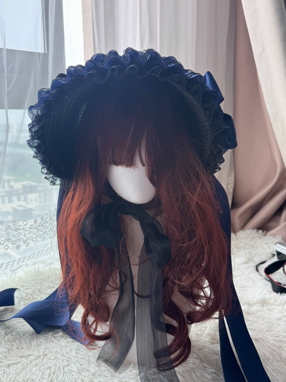 Handcrafted Lolita Hat Black Blue Pearl Tassel