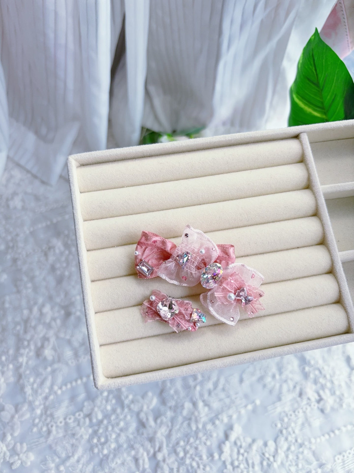 Ganchos de Cabelo com Laço de Cristal Rosa para Animais