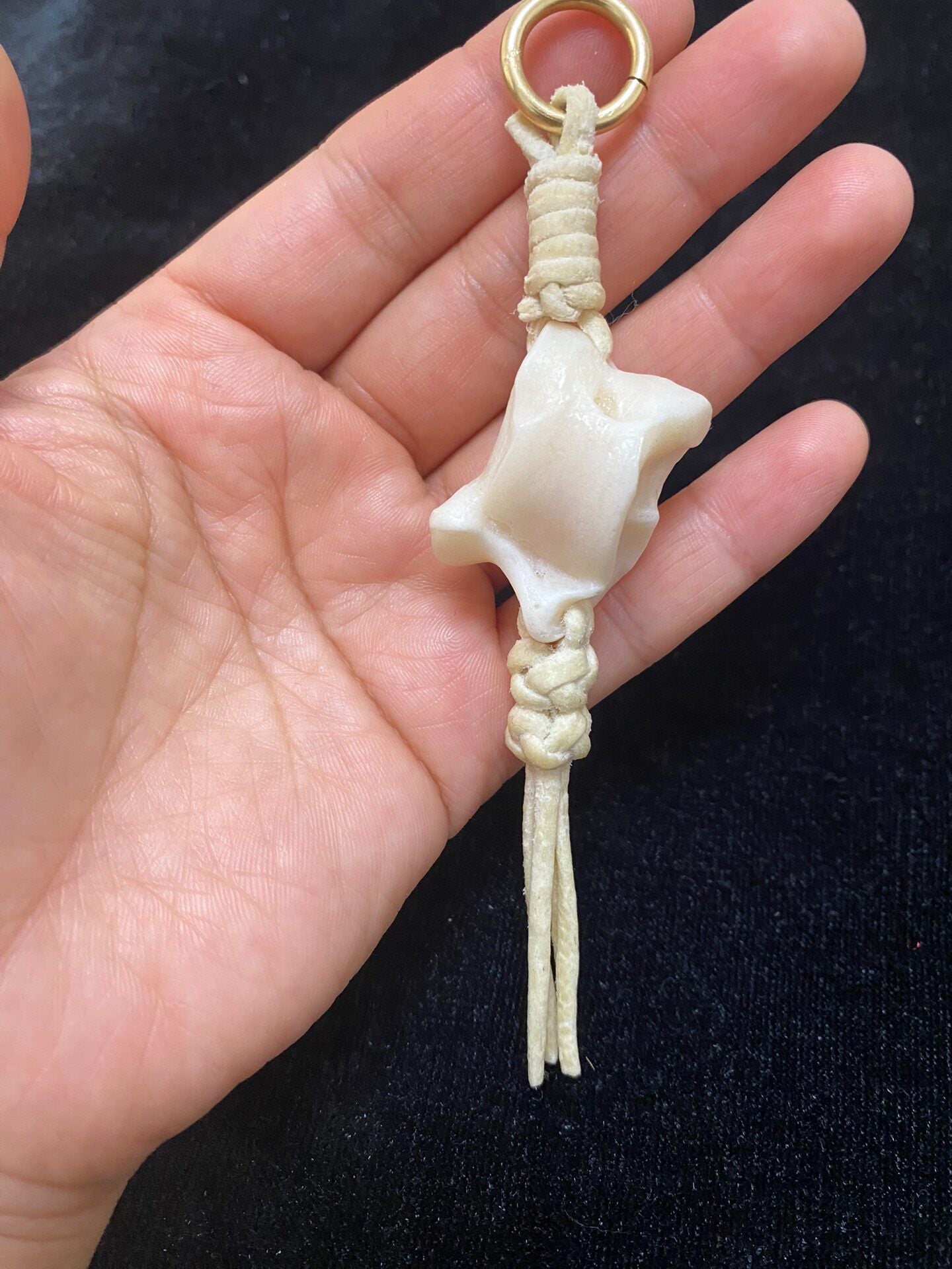 Handmade Sheepskin Rope Keychain with Carved Bone Ornament