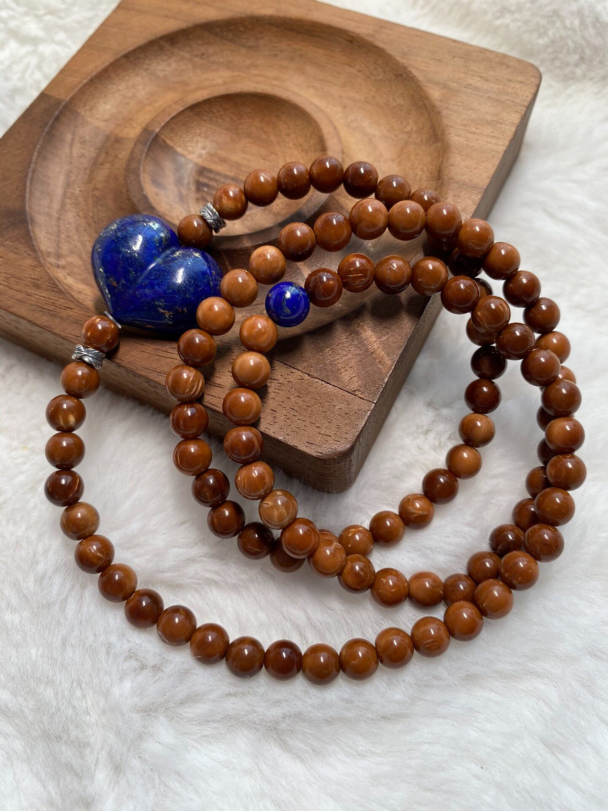 Three-Wrap Stone Bracelet with Lapis Heart Pendant