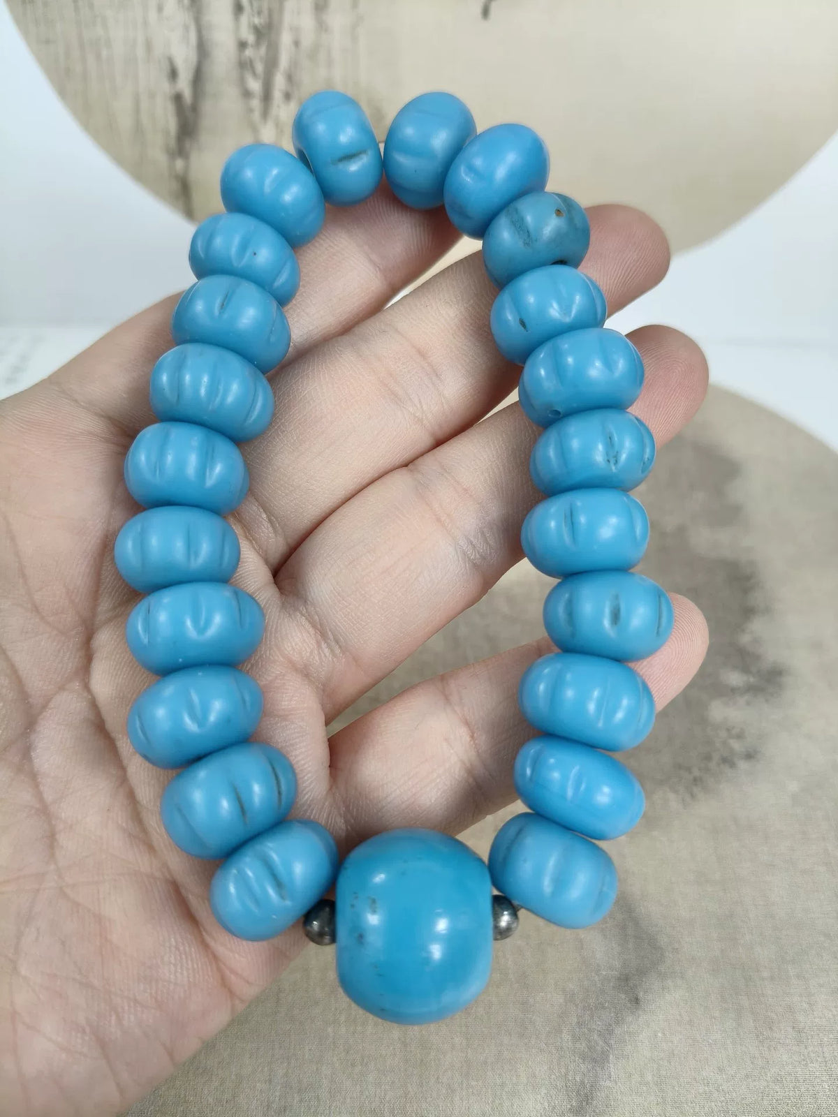 Vintage Liuli Glass Melon Bead Bracelet Turquoise
