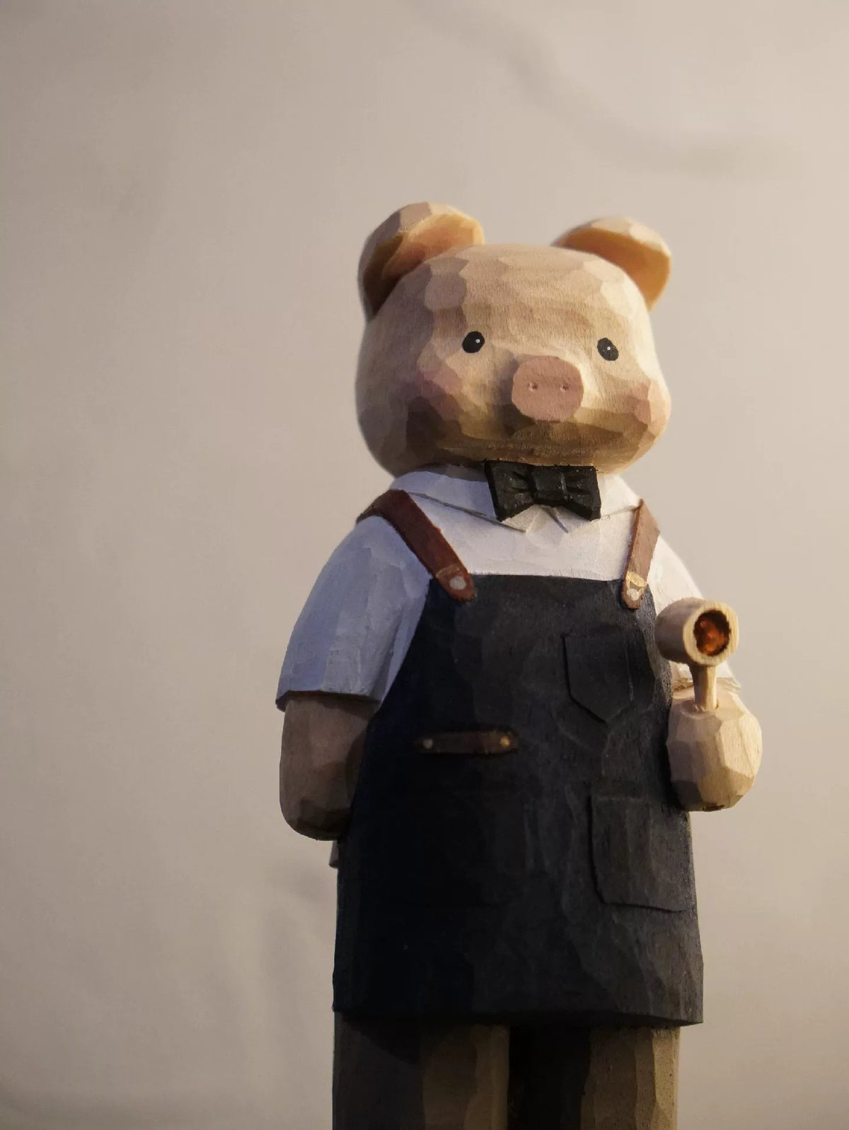 Hand Carved Basswood Barista Pig Figurine