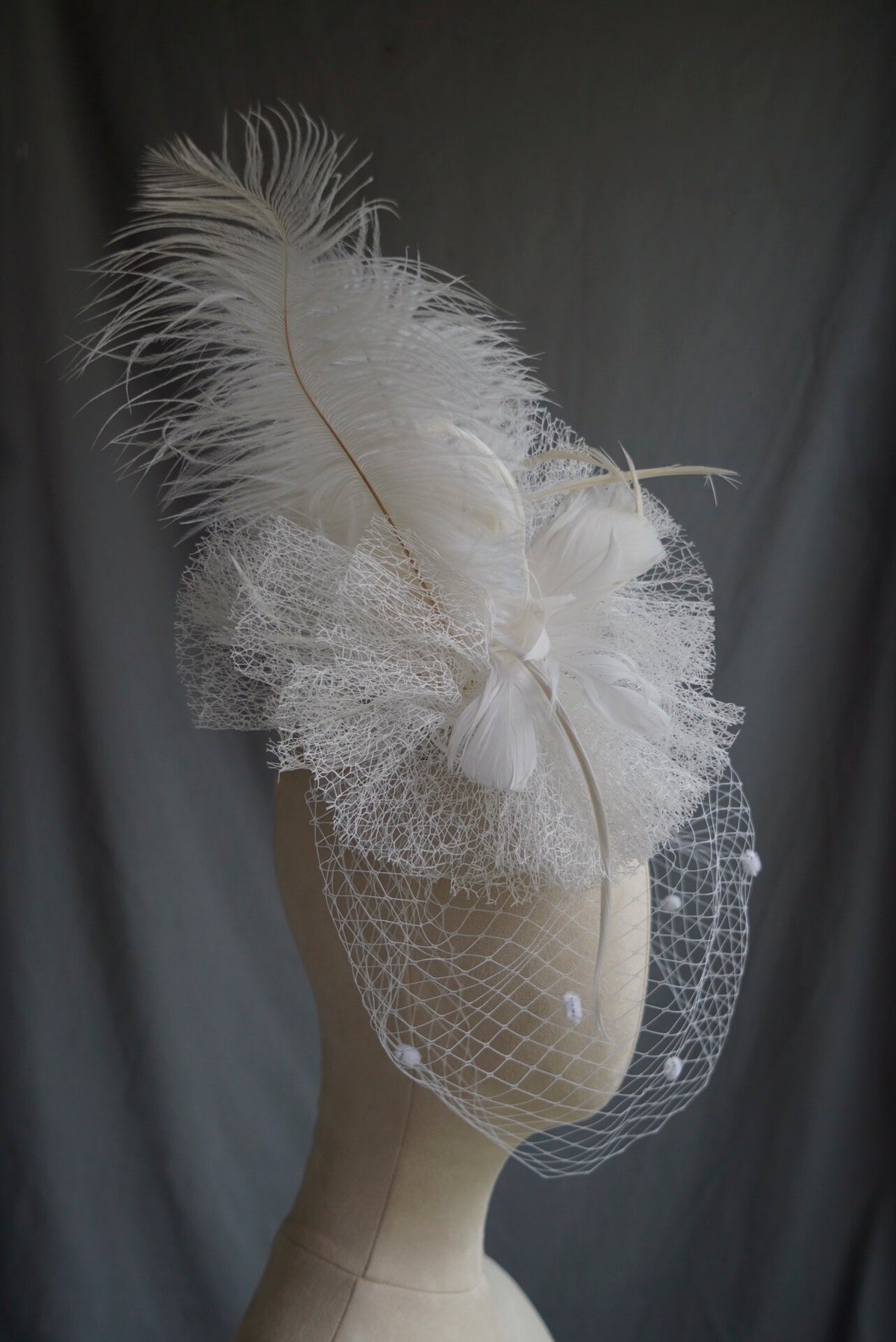 White Ostrich Feather Fascinator Headpiece with Veil