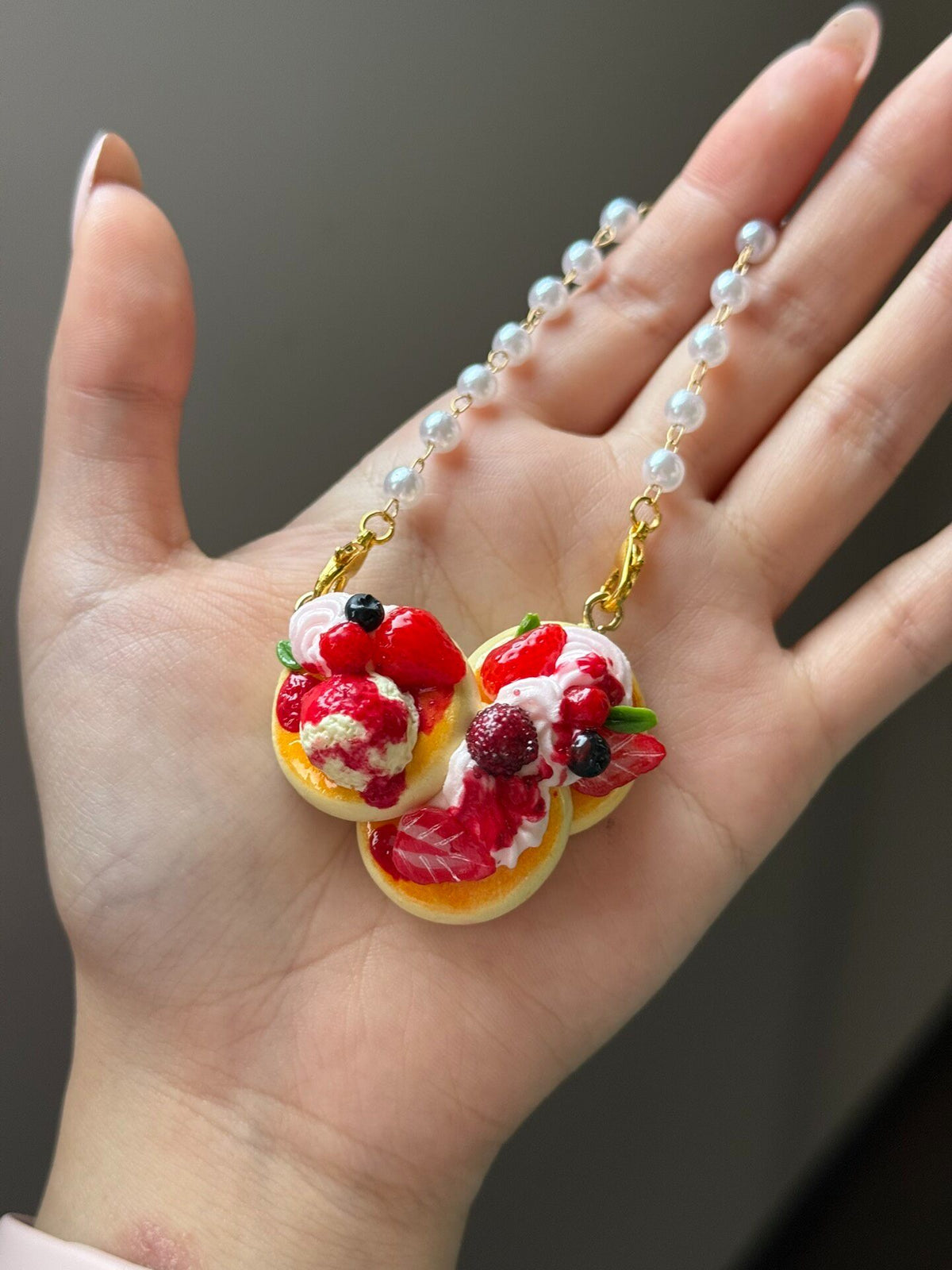 Berry Pancake Bag Charm with Pearl Chain