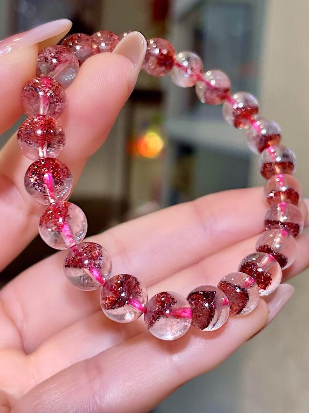 Pyramid Golden Strawberry Crystal Bracelet, 8mm Beads, Clear Crystal with Red Inclusions