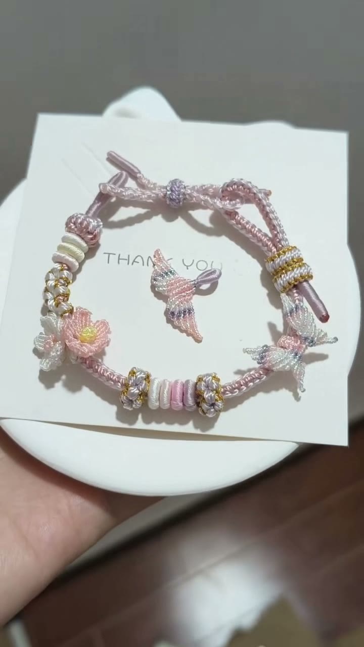 Handwoven Pink Flower Bracelet