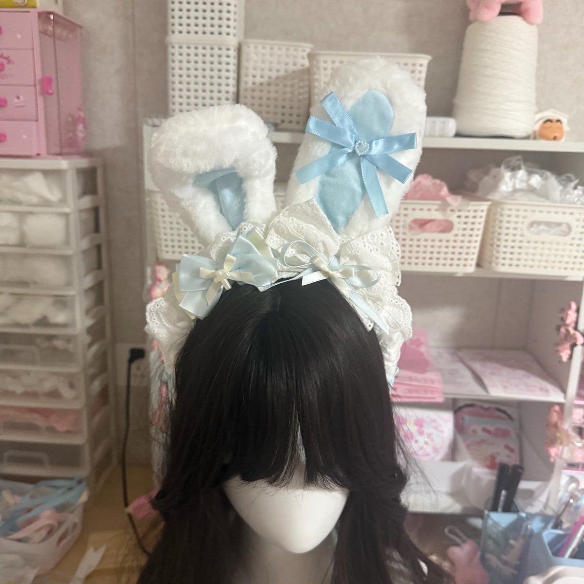 White Plush Bunny Ear Headband Blue Bow