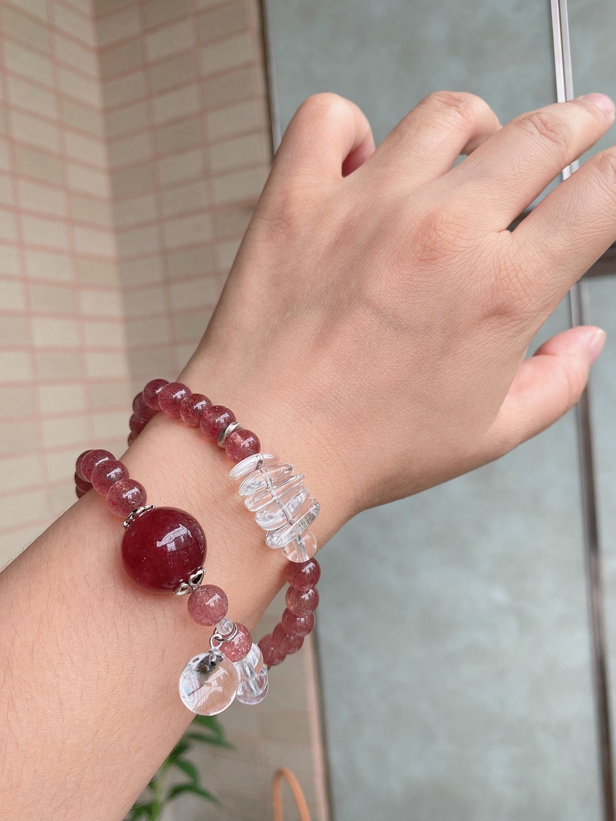 Strawberry Quartz Double Loop Bracelet 16.5mm