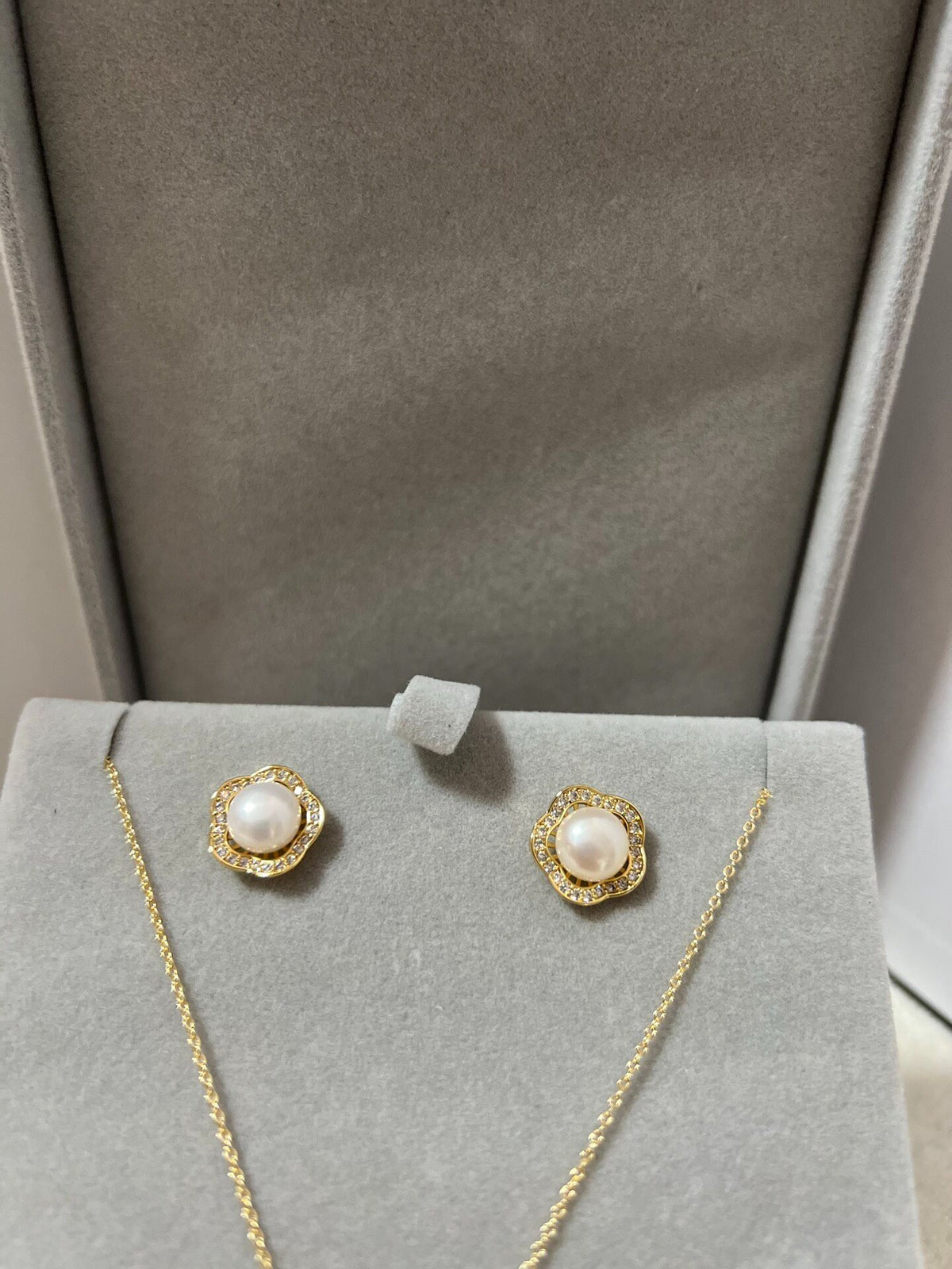 Pearl Flower Necklace Earrings Set 8-10mm