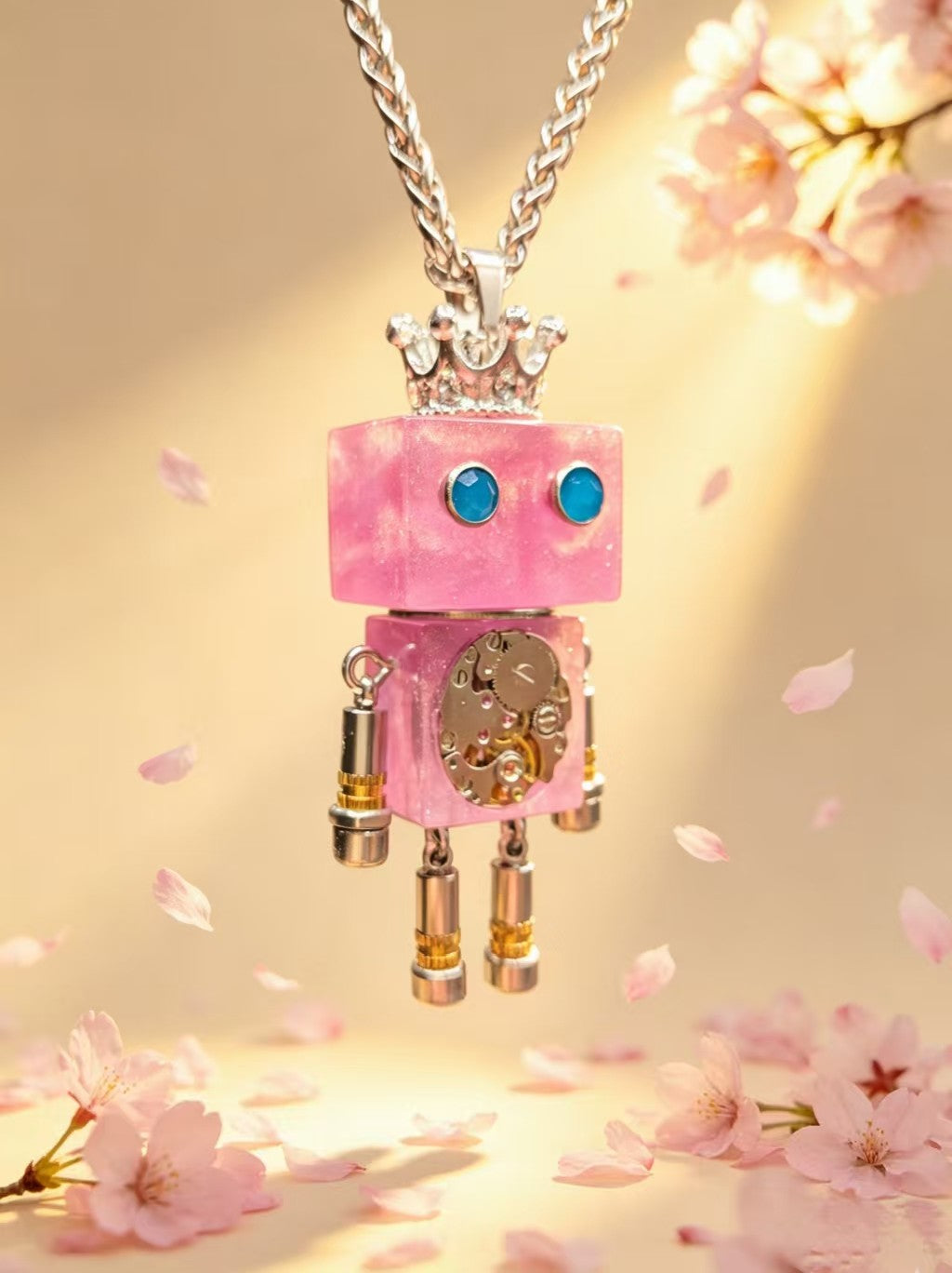 Pink Robot Crown Necklace Handmade Mechanical Pendant