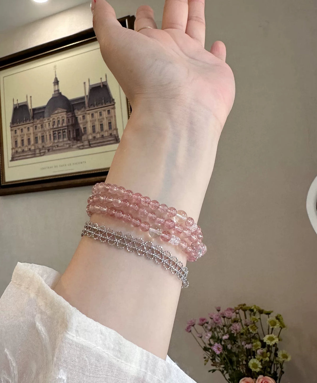 Strawberry Quartz White Crystal Multi Strand Bracelet