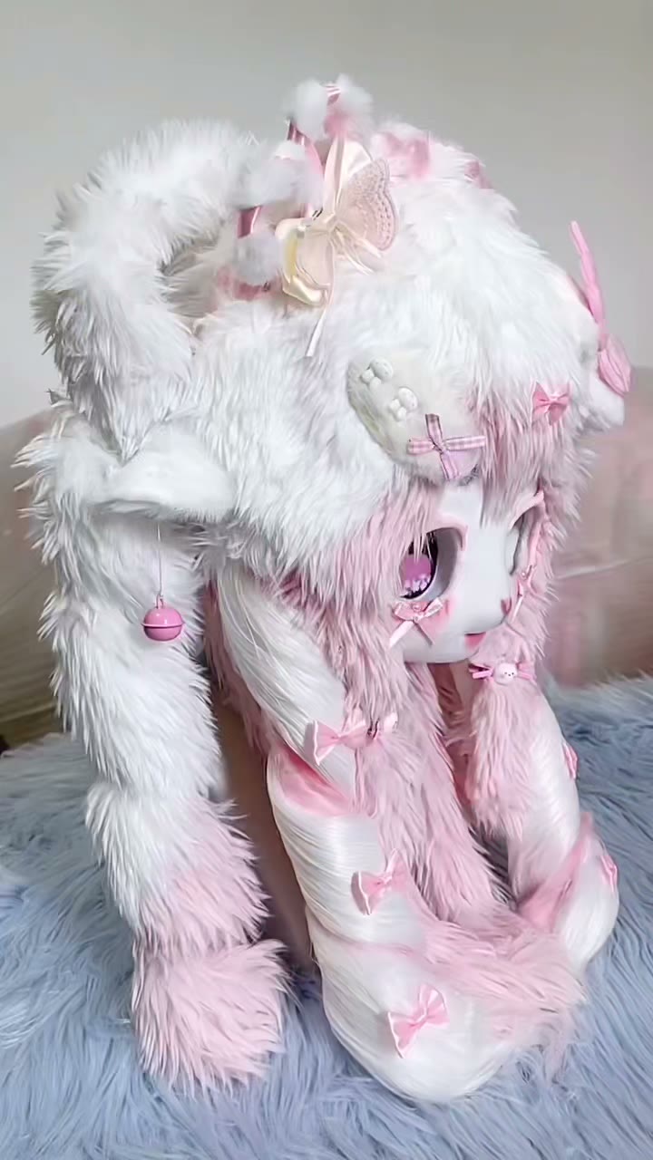 White Pink Faux Fur Fursuit Head