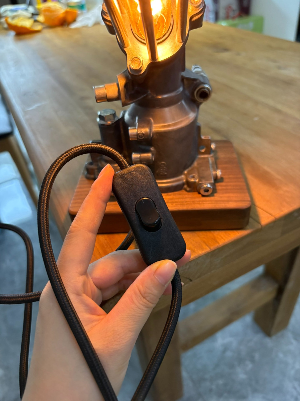 Repurposed Engine Block Table Lamp with Filament Bulb