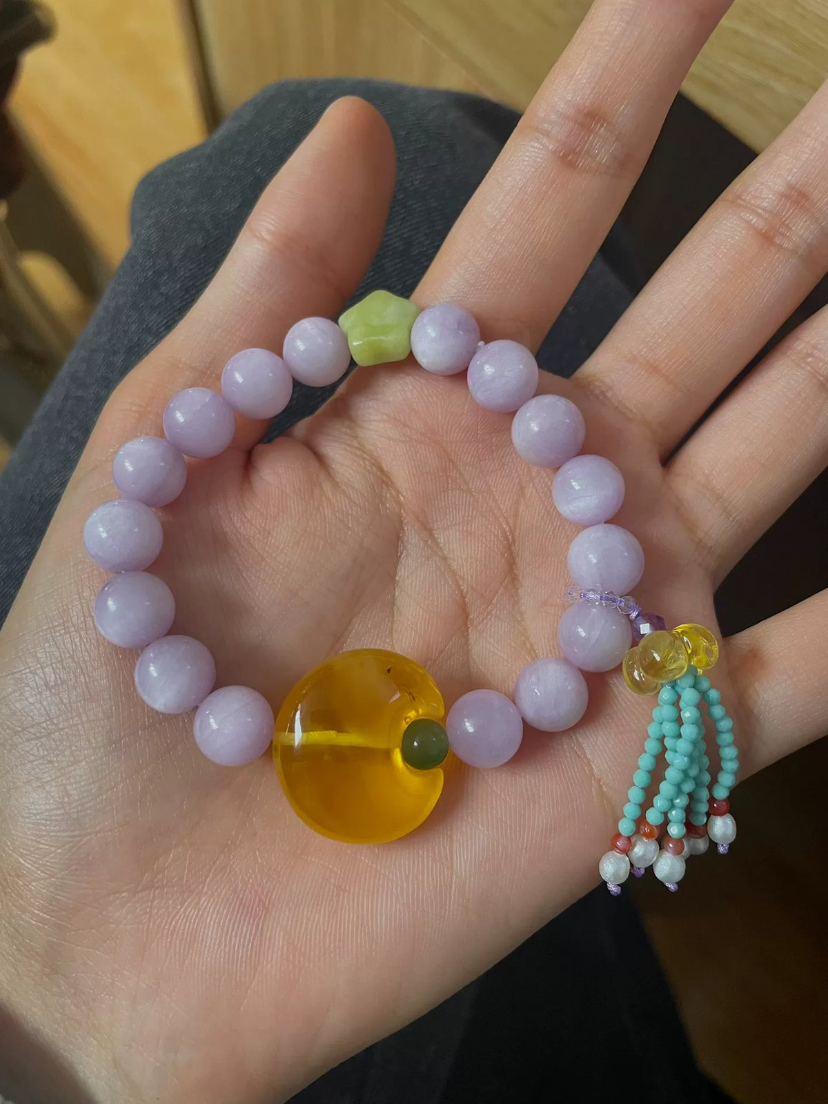 Lavender Kunzite Amber Tassel Bracelet