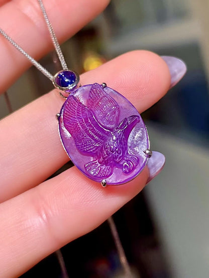 Pt950 Platinum Pendant with Purple Crystal Cameo and Blue Gemstone Accent