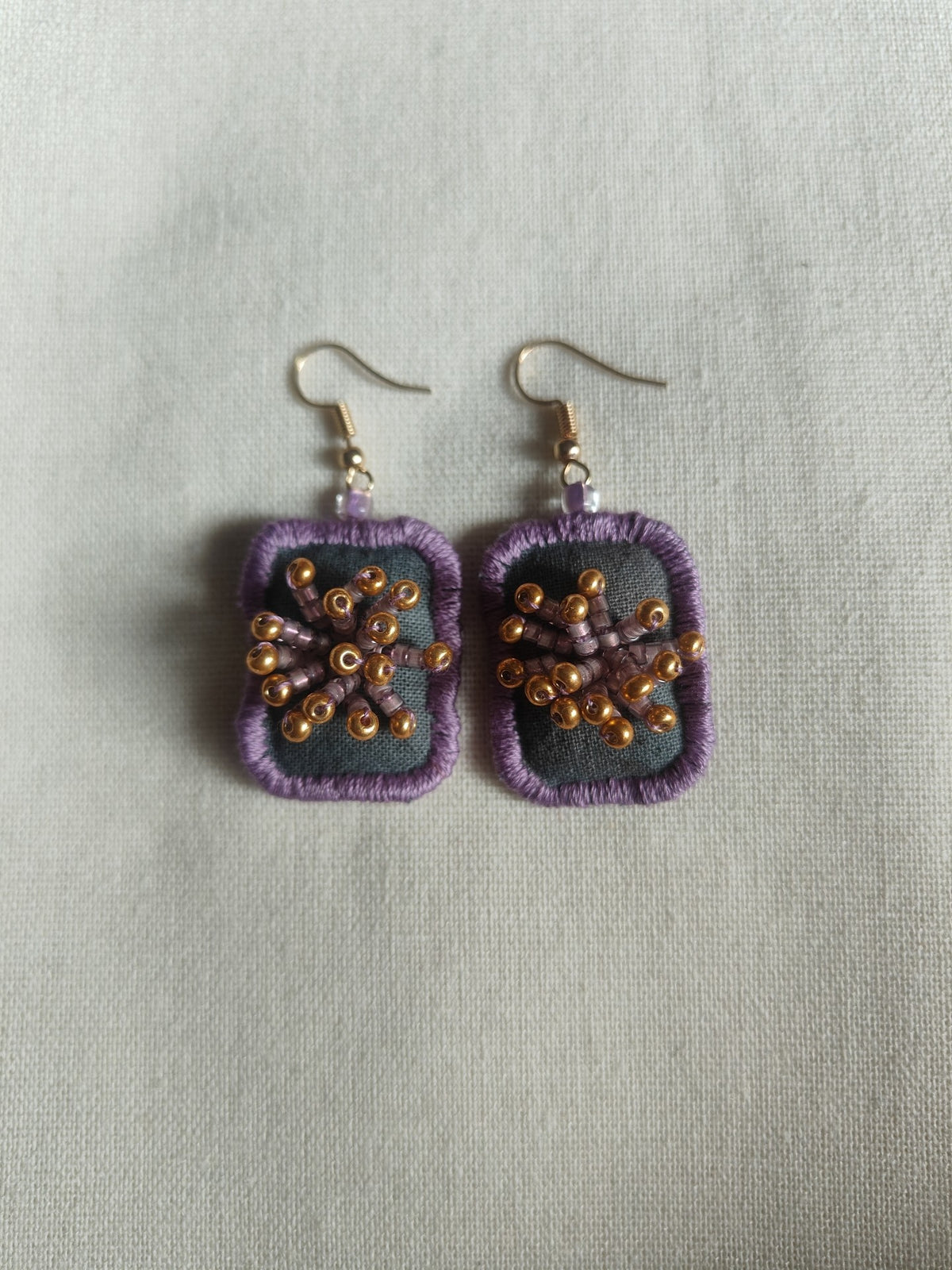 Handmade Fabric Earrings Purple Beaded
